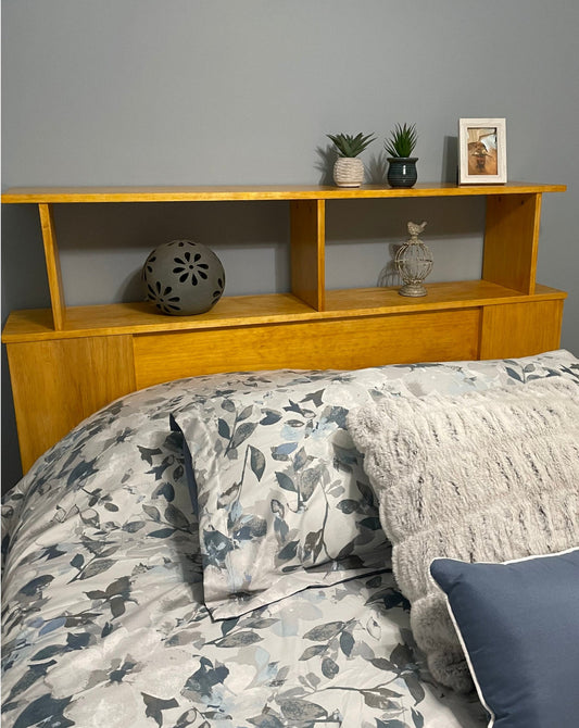 Solid wood bookcase headboard w/bed side view.
